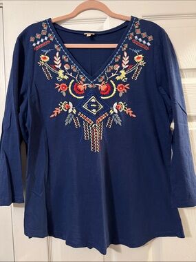 Reba Navy V-Neck Tunic with Multicolor Embroidery